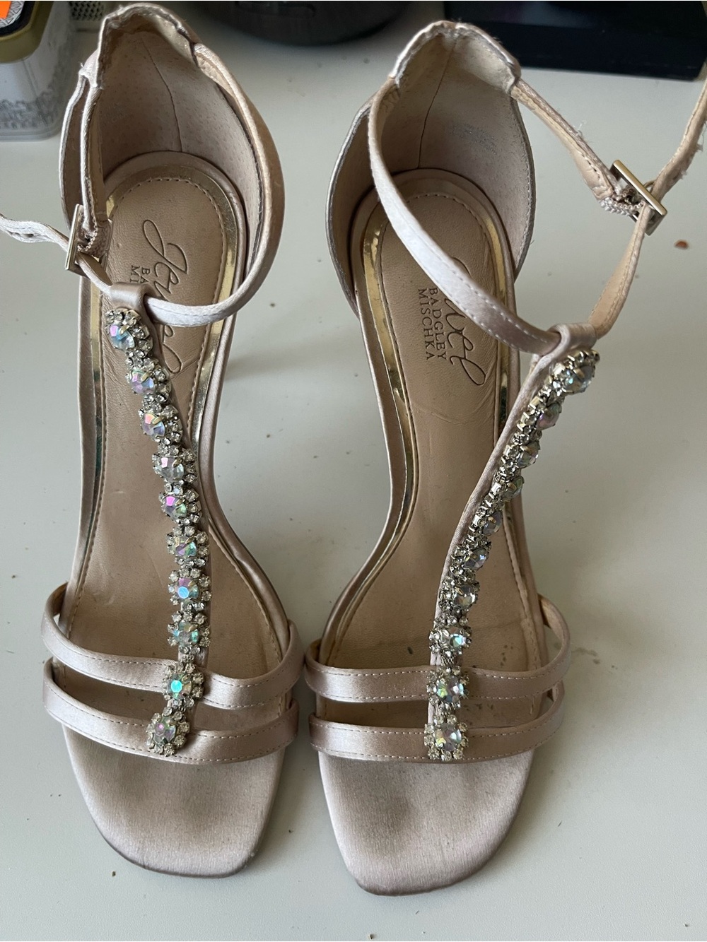 Jewel Badgley Mischka Champagne Satin T-Strap Crystal Sandals